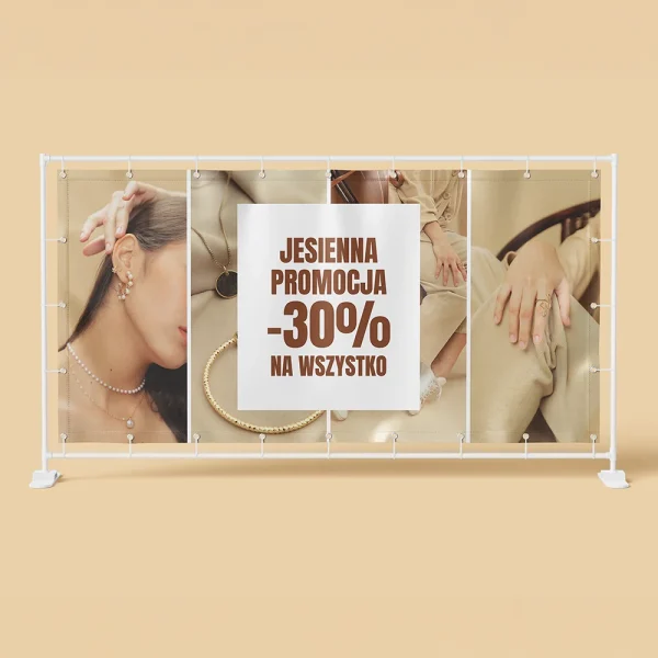 Baner reklamowy salonu z jesienną promocją -30% na białym stelażu