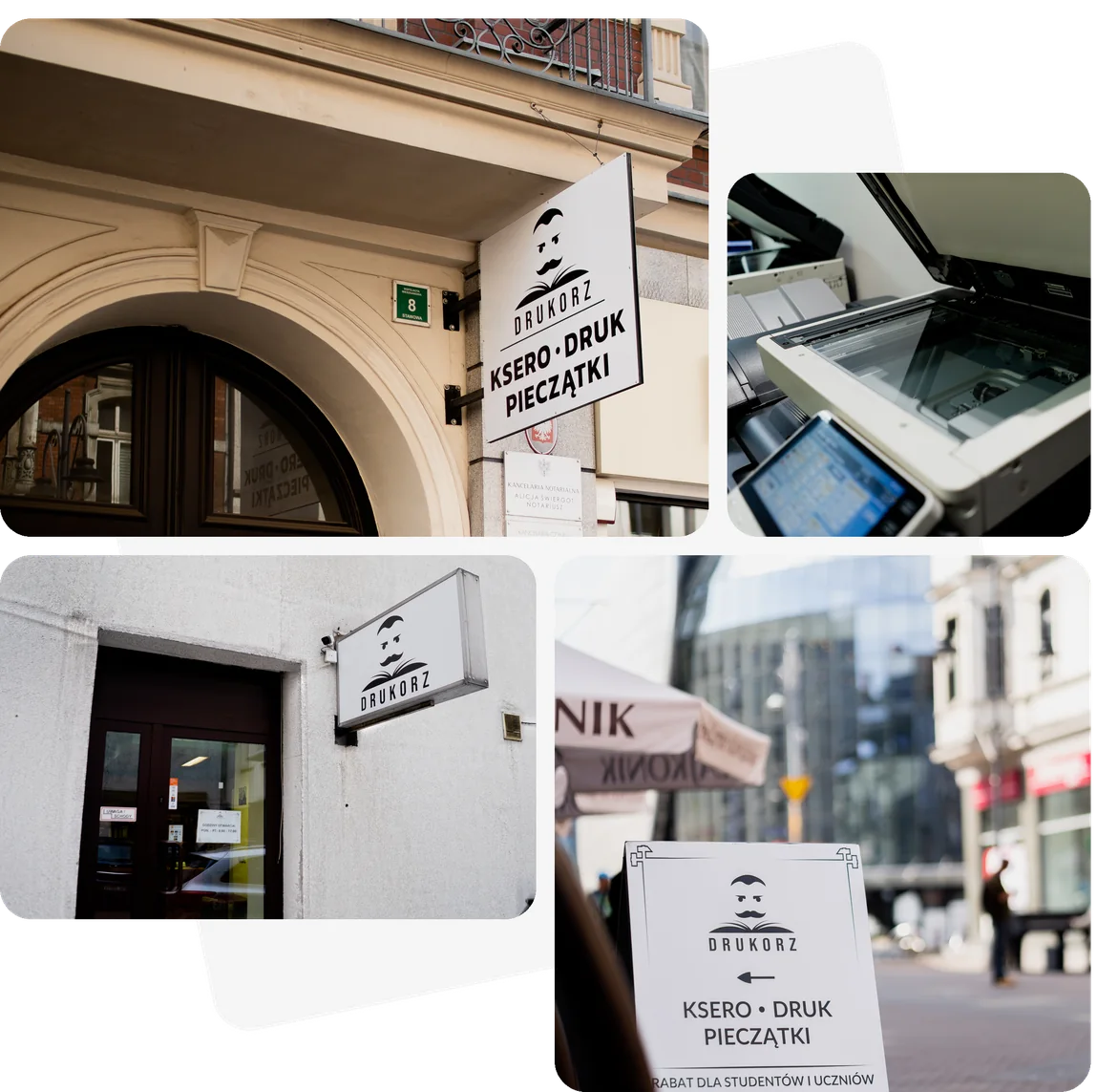 Punkt Drukorz przy ul. Stawowej 8 w Katowicach: brama, wejście, potykacz i maszyna do ksero