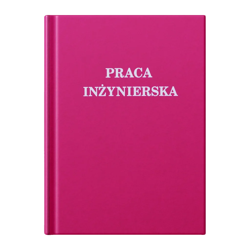 Fuksjowa twarda oprawa pracy inżynierskiej z białym napisem Praca inżynierska