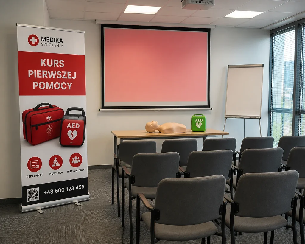 Roll-up kursu pierwszej pomocy w sali szkoleniowej