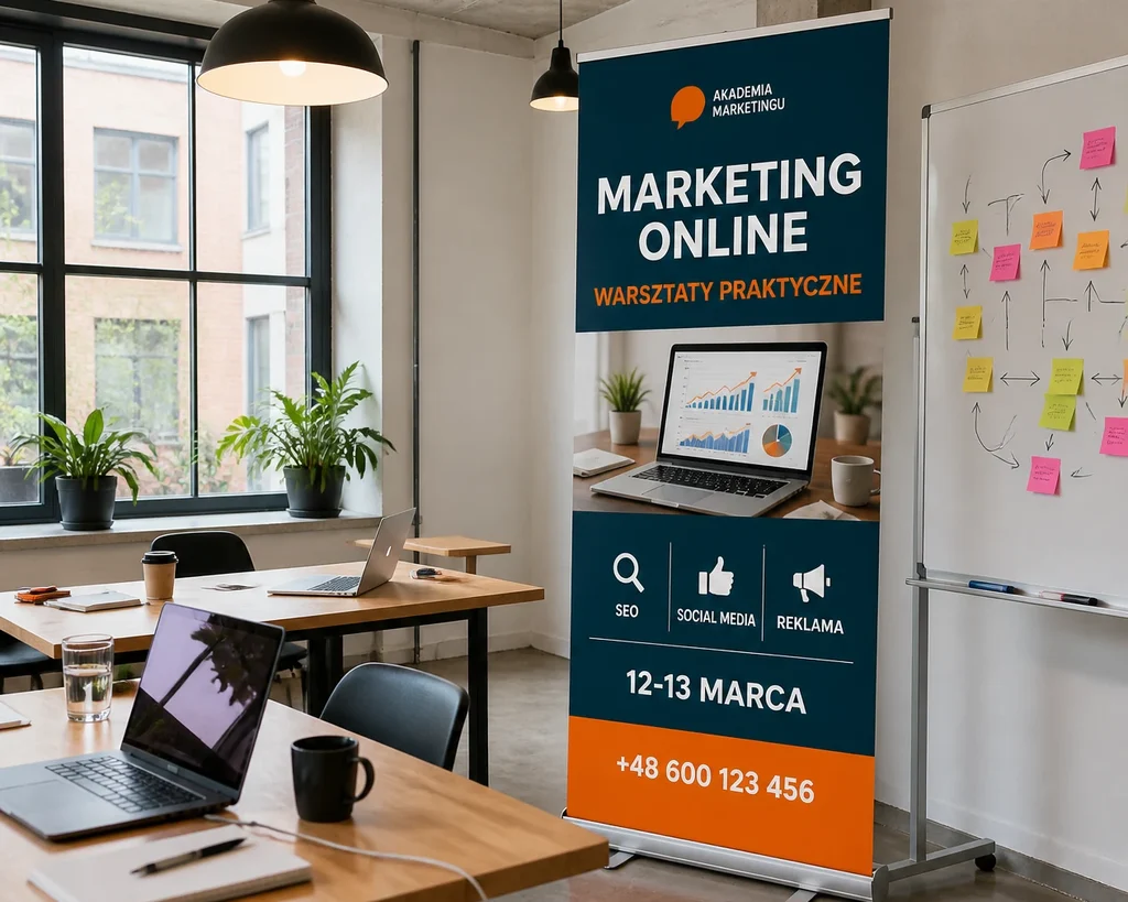 Roll-up warsztatów marketingowych w sali coworkingowej