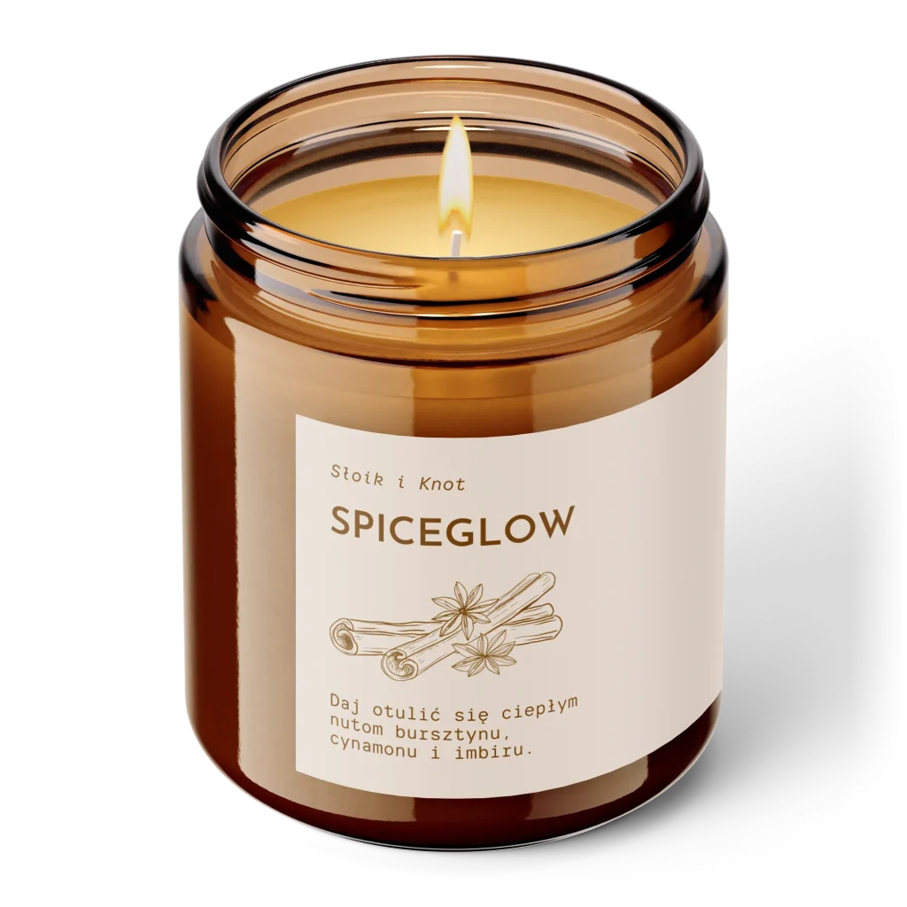 Świeca w bursztynowym słoiku z kremową etykietą Spiceglow