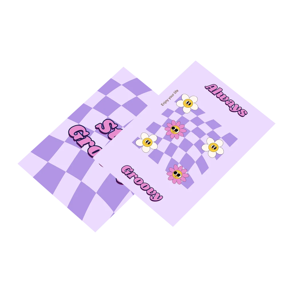 Kolorowa ulotka A5 z fioletowym wzorem w kratkę, awers i rewers
