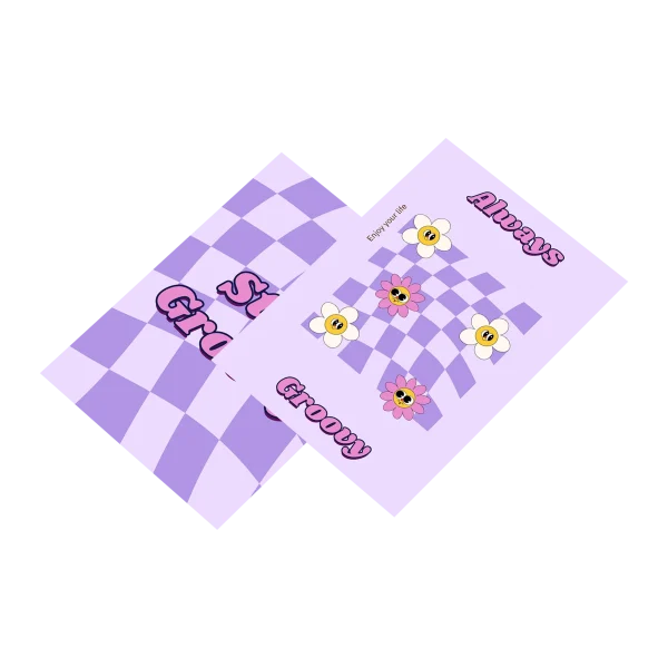 Kolorowa ulotka A5 z fioletowym wzorem w kratkę, awers i rewers