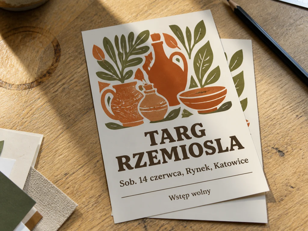 Ulotka A5 targu rzemiosła z ilustracją garnków i liści, leżąca na biurku obok drugiej ulotki