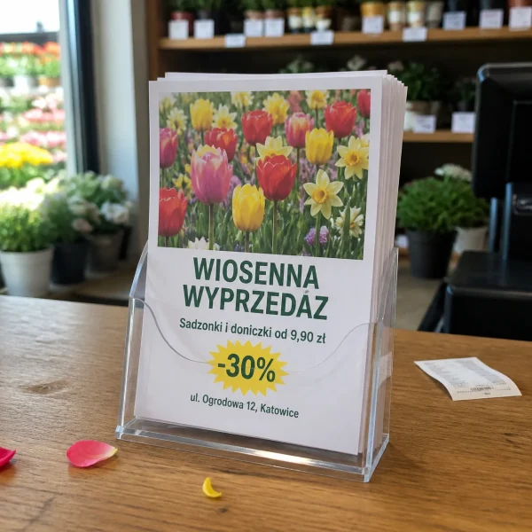 Ulotki A5 w przezroczystym stojaku na ladzie sklepu ogrodniczego, wiosenna wyprzedaż z tulipanami