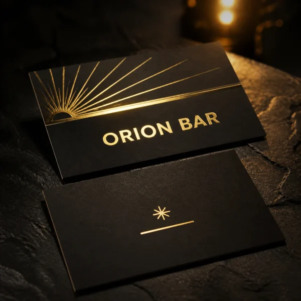 Wizytówki ze złoceniem, płaskie złote promienie i napis ORION BAR na czarnym papierze