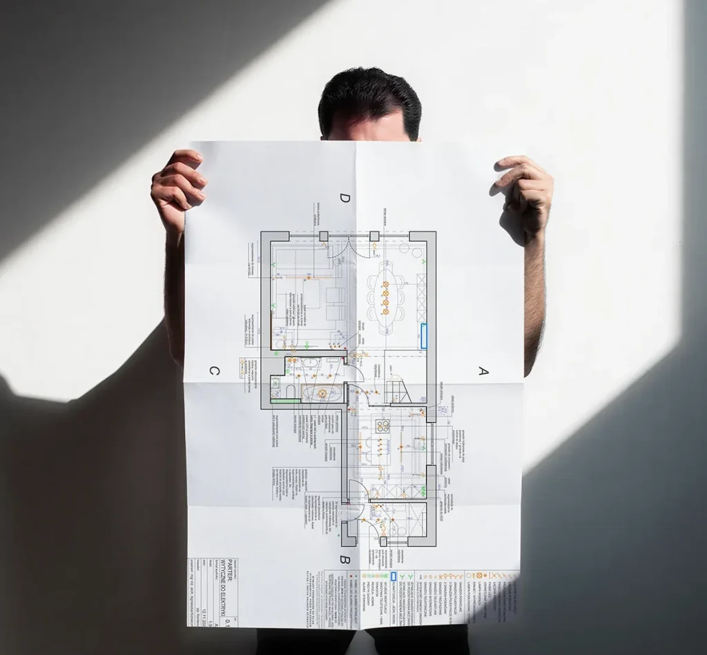 Wydruk rysunku technicznego z projektem budynku, druk CAD w Katowicach